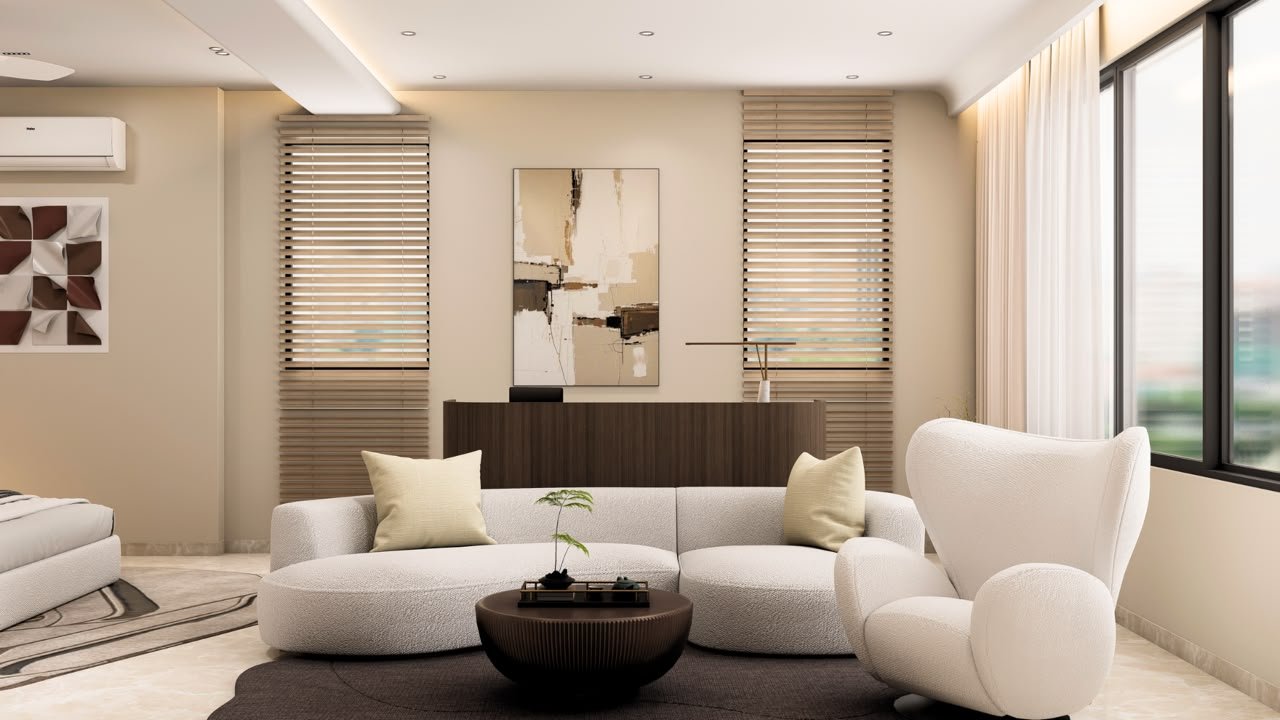 Warm neutral lounge interior visualisation with sculptural seating